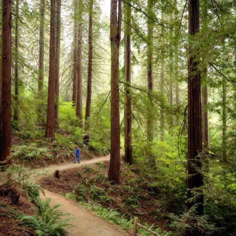 a person follows a trail through towering evergreens