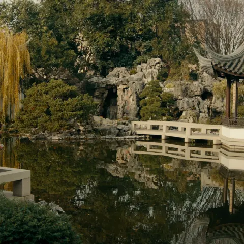 a person views the water at Lan Su Chinese Garden
